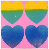 Andy Warhol, Four Hearts, 1983.  Silk screened ink and diamond dust on canvas 14 x 14 in.  Signed on canvas on reverse upper right “Andy Warhol 1983”.  From Leila Heller Gallery.