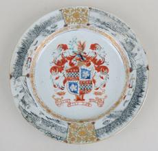 (Lot 228) a rare Chinese Export famille rose and grisaille porcelain circular dish from the Lee of Coton Hall service, circa 1735.