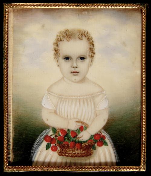 Miniature Portrait of a child holding a basket of strawberries, by Mrs.  Moses B.  Russell.  Boston, c.1845.  Joan R.  Brownstein and Peter H.  Eaton at Winter Antiques Show.