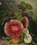 WILLIAM MASON BROWN (AMERICAN, 1828-1898) STILL LIFE WITH WATERMELON, FRUIT AND CALLA LILIES (Lot 8) fetched $59,520.