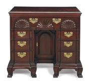 Selling for $5,682,500 was the Catherine Goddard Chippendale Block-and-Shell Carved and Figured Mahogany Bureau Table, attributed to the Newport, Rhode Island cabinetmaker John Goddard (1724-1785).