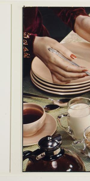 Nickolas Muray, “Table set for dessert, hands with silver utensils serving cake with ice cream” (1944) (George Eastman Museum, gift of Mrs.  Nickolas Muray.  © Nickolas Muray Photo Archives)