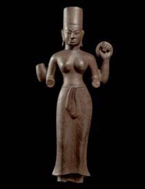 Goddess Durga.  Vietnam or Cambodia Kingdom of Funan Pre-Angkorian period, 7th century.  Sandstone.  Height: 31½ in, 80 cm