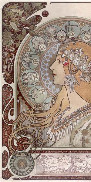 Alphonse Mucha (Czech, 1860–1939) Printer: F.  Champenois, Paris "Zodiac", 1896 Color lithograph on silk 25 3/4 × 20 in.  Acc.  no.  151093 Photograph by John Faier, © Driehaus Museum, 2015