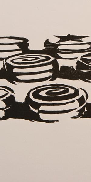 Wayne Thiebaud, Yo-Yos, woodcut, second state, artist’s proof, 1964.  Promised gift of the artist.  Art © Wayne Thiebaud/Licensed by VAGA, New York, NY