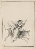 Visions and Nightmares includes four drawings by Francisco Goya.  Pesadilla (Nightmare)—one of two drawings on view from the so-called Black Border Album—depicts a disheveled woman astride a flying bull, her eyes bulging as she screams in terror.  Although the image of a woman and bull traditionally personified the European continent, Goya’s drawing seems to symbolize the turmoil in Spain following the Peninsular War.