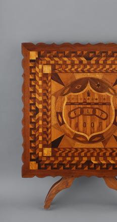 Independent Order of Odd Fellows Marquetry Table.  James J.  Crozier (1867–1950) Probably Islip, New York, 1933.  Wood, 33 3/4 x 33 3/4 x 27 1/4." Collection American Folk Art Museum, New York Gift of Kendra and Allan Daniel, 2015.1.160 