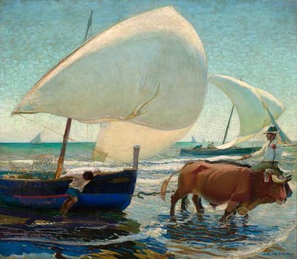 Arthur Grover Rider (American, 1886-1975) Boats at Valencia, signed 'A.G.  Rider' (lower right) oil on canvas, 43 3/4 x 49 1/2in overall: 50 1/2 x 56 1/2in.  Estimate: US$150,000 - 250,000 .