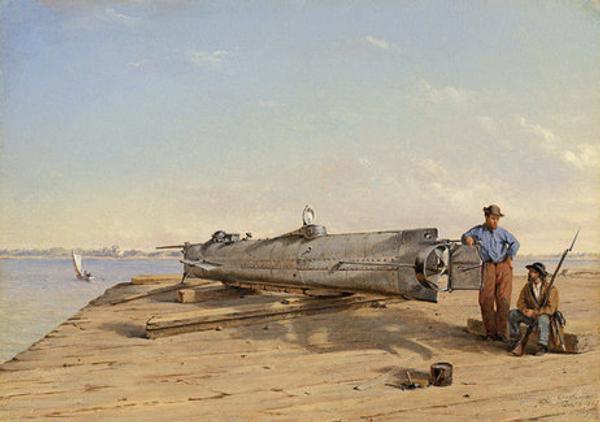 This photo, provided by the Museum of the Confederacy in Richmond, Va., shows the Conrad Wise Chapman painting of the Confederate submarine H.L.  Hunley in Charleston in 1863.  