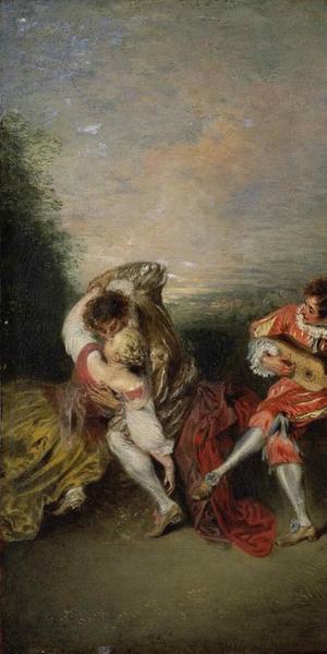 Jean Antoine Watteau (French, 1684 – 1721) La Surprise, ca.  1718.  Oil on panel.  36.3 x 28.2 cm