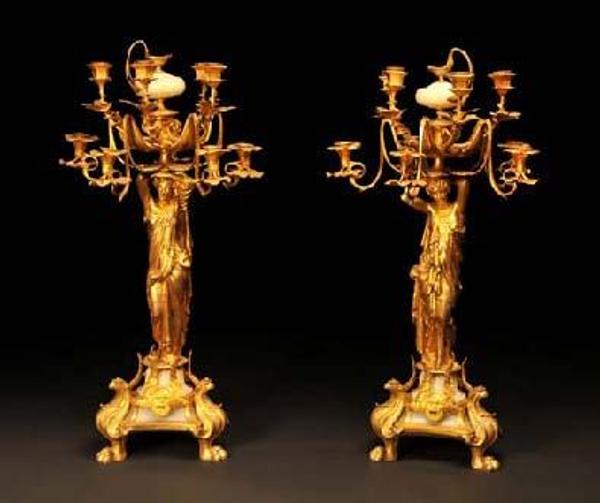 Gustave LEVY: Pair of candelabras with caryatids.  Model from the 1862 World Exhibition.  Gilded bronze and onyx.