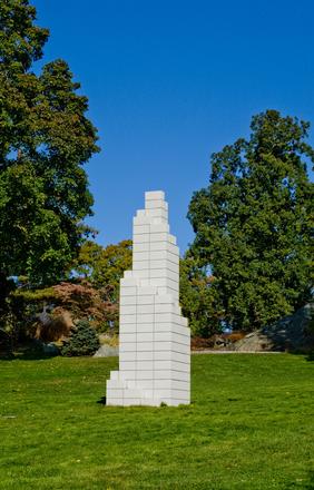 Sol LeWitt, Tower (DC), 1989, 2009.  Concrete block, mortar.  15' 11 5/8" x 4' 7 5/8" x 4' 7 5/8" Courtesy of Barbara Krakow Gallery, Boston, MA and The Estate of Sol LeWitt.  Funded by Museum supporters at the 2008 deCordova Annual Benefit.