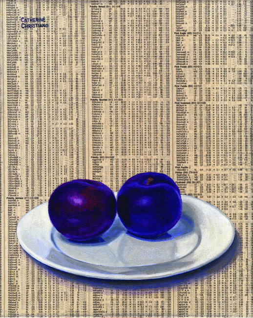  Catherine Christiano, Old Lyme, "Plums," oil and newspaper on canvas