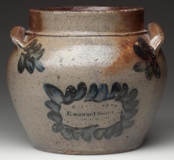 Lot 1 – Signed “Emanuel Suter”, Rockingham Co., Shenandoah Valley of Virginia salt-glazed stoneware honey or sugar pot, circa 1851.  5” H.  Price: $86,250.  A new record price for Virginia pottery.  