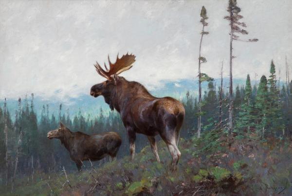 Carl Clemens Moritz Rungius (1869-1959), Moose on a Ridge, Oil on canvas, 26 by 38 inches, Estimate: $150/250,000