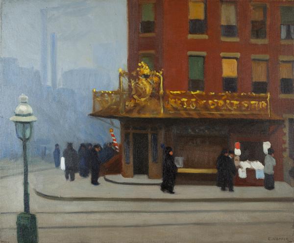 Edward Hopper (U.S.A., 1882–1967), New York Corner (Corner Saloon), 1913.  Oil on canvas, 24 x 29 in.  Museum purchase made possible by the Halperin Art Acquisition Fund, an anonymous estate, Roberta & Steve Denning, Susan & John Diekman, Jill & John Freidenrich, Deedee & Burton McMurtry, Cantor Membership Acquisitions Fund, an anonymous acquisitions fund, Pauline Brown Acquisitions Fund, C.  Diane Christensen, an anonymous donor, Modern & Contemporary Art Acquisitions Fund, and Kazak Acquisitio