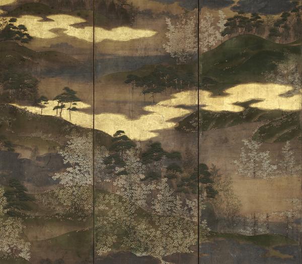 Artist unknown, Mount Yoshino (detail); Momoyama period, 16th century; H.  57 × W.  128 in.  (147.0 × 326.0 cm).  