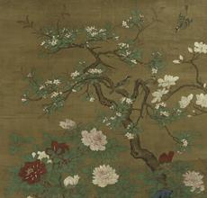 “Silver Pheasants under Spring Blossoms” Hanging scroll, ink and color on silk 291.3 x 144.9 cm.  (114 ¾ x 57 in.) 