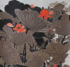 Mansheng Wang (b.  1962) "The Red Lotus" 2016 Hanging scroll, ink, walnut ink and color on paper 71 x 27 1/2 in.  