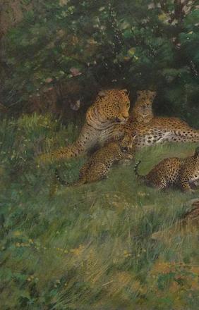 Artist: Charles Knight (1874 -1953).  "Leopard with Flamingo" - circa 1900 Est: $6,000-8,000