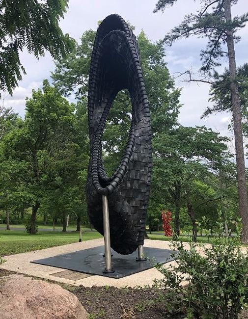 Chakaia Booker (b.  1953), United States, LBD Duty Free, 2014, reclaimed tires and stainless steel, Courtesy of the Artist, made possible through partnership with Pyramid Hill Sculpture Park & Museum