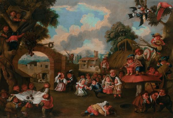 Enrico Albrici (Italian, 1714-1775), Dwarfs Celebrating a Festival, Oil on canvas, 24 3/4 x 36 7/8 inches.  The Collection of Ambassador and Mrs.  Alfred Hoffman, North Palm Beach, FL.  Est.  $10,000-20,000.  Lot 69.