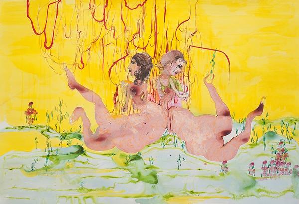 Rina Banerjee (b.  1963).  Learn of their discovery .  .  .  , 2013.  Acrylic on watercolor paper, 30 x 44 in.  Private collection, Miami.  © Rina Banerjee.  Image courtesy of Galerie Nathalie Obadia, Paris/Brussels