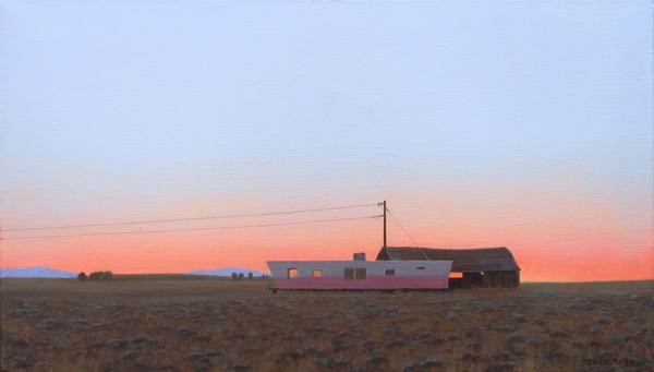 Linda Lillegraven, "Pink Trailer and Barn", Oil on linen, 2021