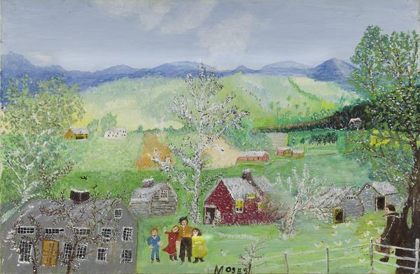 Grandma Moses, Happy Days, oil on masonite, 1961.  Estimate $50,000 to $80,000.