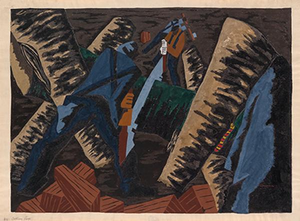 Jacob Lawrence, Cutting Logs, #51, gouache, tempera & watercolor, 1942.  Estimate $250,000 to $350,000.  