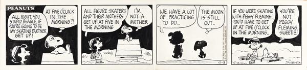 Charles Schulz, All right, you stupid beagle, if you’re going to be my skating partner, get up!, original four-panel Peanuts comic strip, pen and ink, 1971.  Estimate $15,000 to $25,000.