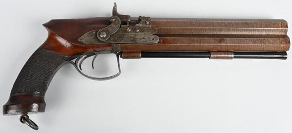 Mid-19th-century Forsyth & Co., London, .65-caliber self-priming double hammer over/under pistol with 9-inch Damascus twist-rifled full octagon barrels.  Beautiful condition with fine English engraving.  Estimate $4,500-$6,500