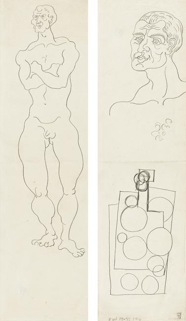 Pablo Picasso, Nu debout; Nature marte et Étude d’Homme, pencil on paper, double-sided, 1914.  Estimate $60,000 to $90,000.