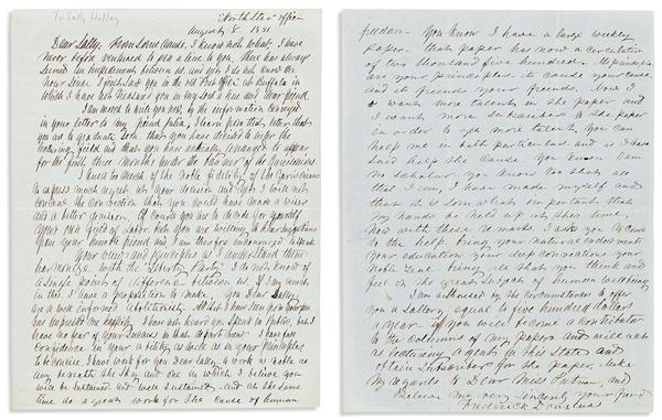 Frederick Douglass, Autograph Letter Signed, to Sallie Holley recruiting her for the Frederick Douglass Paper, 1851.  Estimate $20,000 to $30,000.