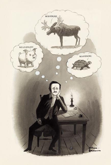 Charles Addams, Nevermore, watercolor, ink & correction fluid, cartoon for The New Yorker, 1973.  Estimate $12,000 to $18,000.