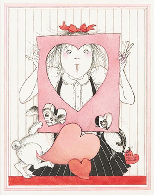 Hilary Knight, Eloise with Valentine, variation of the image titled Sweet Heart in the book The 365 Days of Eloise: My Book of Holidays by Knight and Kay Thompson, 2015.  Estimate $25,000 to $35,000.