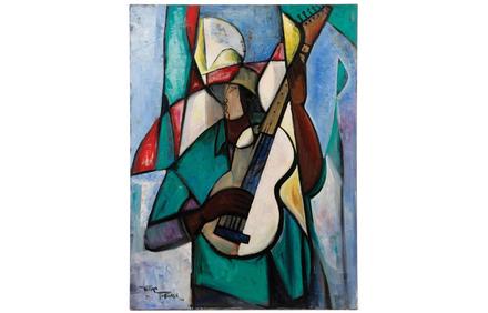 Original painting by the renowned African-American artist William Tolliver (1951-2000), titled Guitar Player in Green.