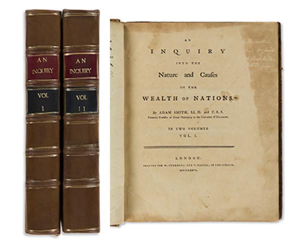 Adam Smith, An Inquiry into the Nature and Causes of the Wealth of Nations, first edition, descended from William Alexander, London, 1776.  Estimate $70,000 to $100,000.