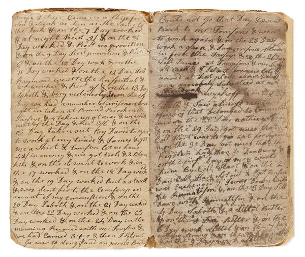 Diary of a Connecticut officer imprisoned in the infamous Manhattan sugarhouse, 1776-81.  Estimate $12,000 to $18,000.