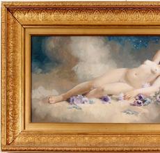 Original painting by California artist Andrew Putnam Hill (1853-1922), a gouache depiction of a reclining nude, housed in a 17 inch by 29 inch gold leaf frame (est.  $5,000-$7,500).