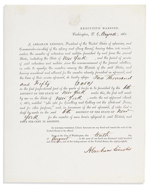 Abraham Lincoln, partly-printed document signed, conscripting troops for the first national draft in the United States, 1863.  Estimate $15,000 to $25,000.