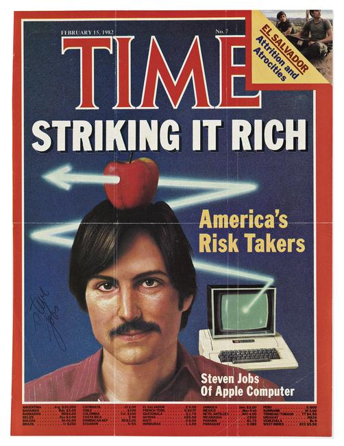 Steve Jobs, Time magazine Cover Signed, displaying a bust portrait of Jobs and his Apple II computer, 1982.  Estimate $15,000 to $25,000.  