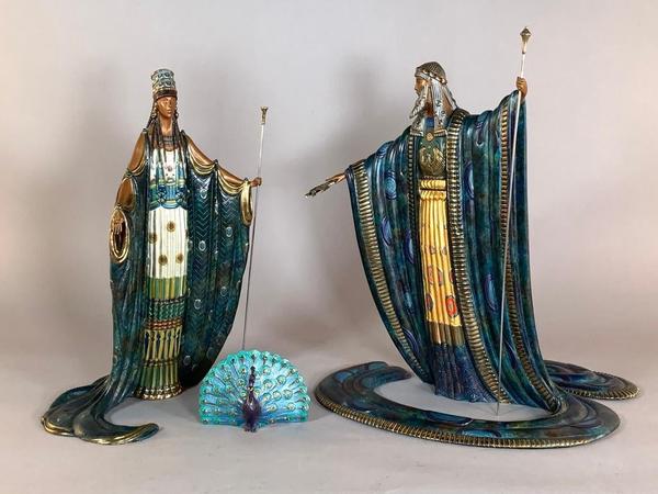 Pair of cold patinated and parcel gilt bronzes by Erté titled Zeus and Hera (1989), both signed by Erté and numbered 323 of 500.  A small peacock is included in the lot (est.  $4,000-$6,000).