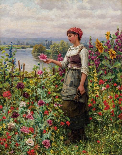 DANIEL RIDGWAY KNIGHT, American (1839-1924), Summer Afternoon, Seine Valley, oil on canvas, signed, 32 ¾ x 25 ¾ inches, Estimate $35,000-45,000