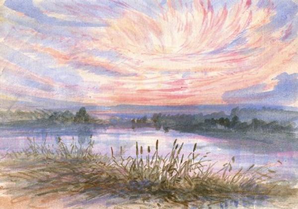 Truman Seymour (American, 1824-1891) Lake with Cattails.  Watercolor on paper, 6-1/4 x 9 inches.