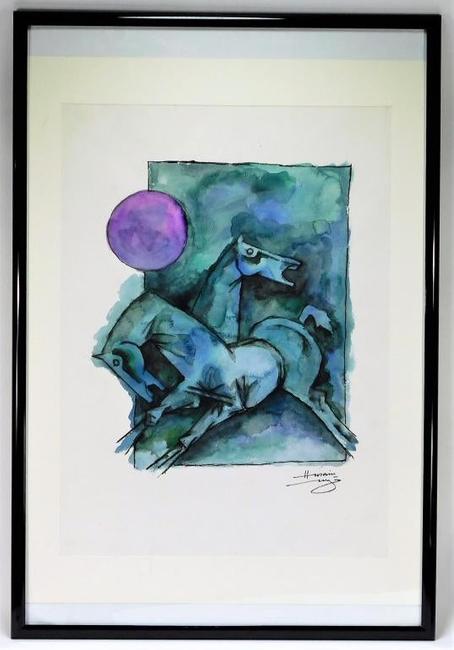 Watercolor painting by Maqbool Fida Hussain (India/England, 1913-2011), “the Picasso of India”, a Cubist figural rendering depicting two galloping blue horses (est.  $15,000-$20,000).