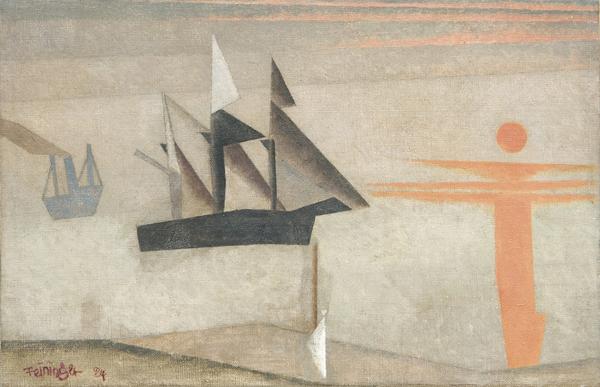 TEFAF Exhibitor W&K - Wienerroither & Kohlbacher shows Lyonel Feininger (1871-New York-1956) Ships and Red Sun.  Oil on canvas, 26.5 x 40.5 cm.  Signed and dated lower left 'Feininger 24'; inscribed by the artist verso 'Pulu´s Ostereichen 1924 (20.  April 1924)'