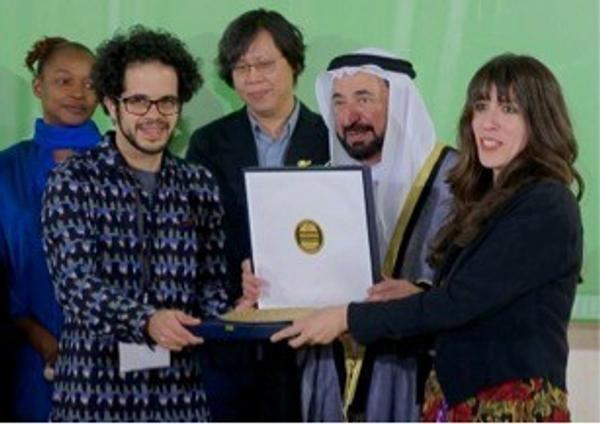 Sharjah Biennial 12 artists Basel Abbas and Ruanne Abou-Rahme receive an award from HH Sheikh Dr Sultan Bin Mohammed Al Qasimi, Member of the UAE Supreme Council and Ruler of Sharjah for their work The Incidental Insurgents (2012–2015).  