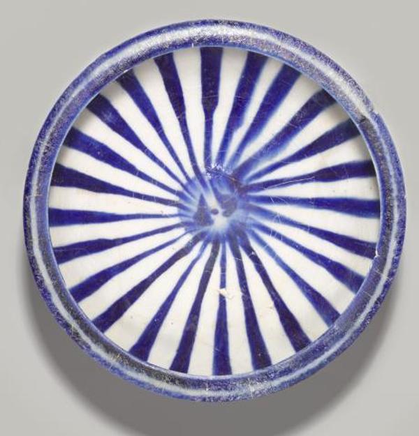 Blue and White Bowl with Radial Design, 13th Century, Iran, Kashan, fritware, painted in cobalt blue under transparent glaze.