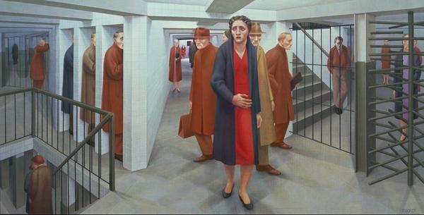 George Tooker, The Subway, 1950, egg tempera on gesso panel, 18 1/8 x 36 1/8 in.  Whitney Museum of American Art, New York, purchased with funds from the Juliana Force Purchase Award, 50.23.  Photograph courtesy of the Whitney Museum of American Art.